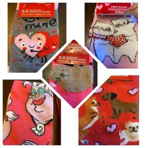 NWT 5 Pairs of Crew Socks Disney Villain, Valentine’s Day Hearts , Sloth & Cats